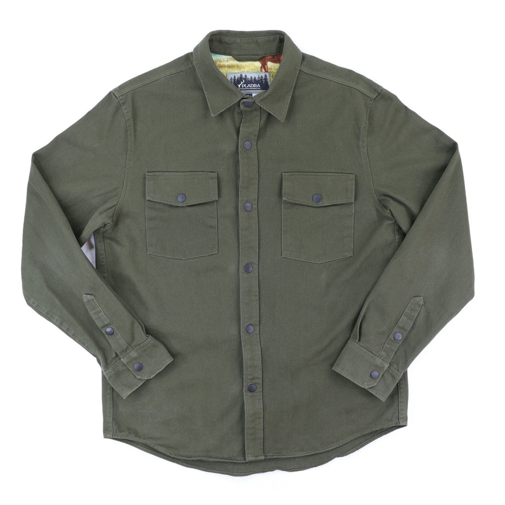 Pladra Button Front Shirt Mens Large Green Cotton Twill Nature Print Made in USA